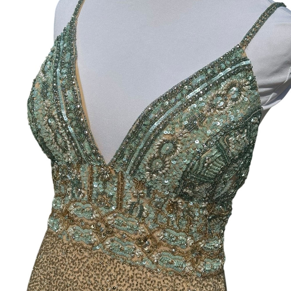 Rare hard to find Sherri Hill 54140 Gold Aqua Beaded Backless
Prom Evening Gown - Picture 4 of 16